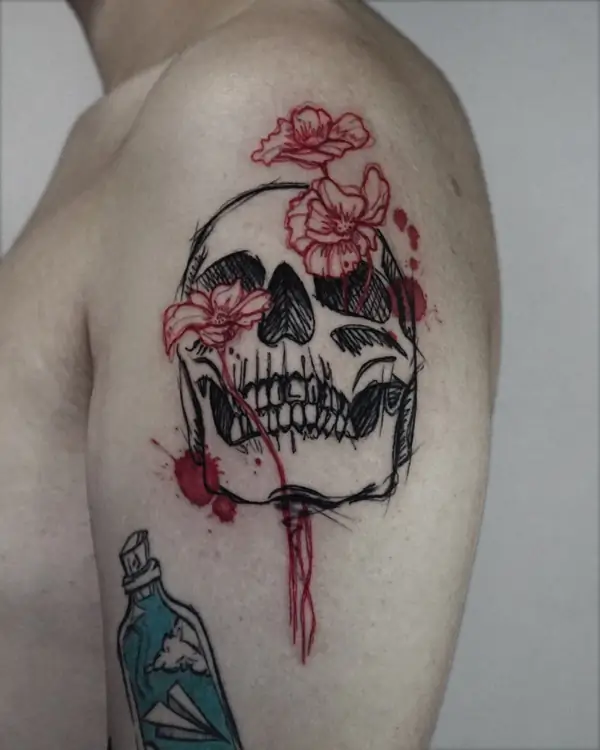 Skull and Flower Tattoo